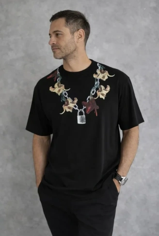 Erkek Baskılı T-Shirt Kısa Kol Bisiklet Yaka Regular Fit Rahat Kalıp Günlük Tişört - Siyah