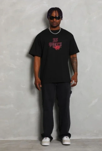 Erkek Baskılı Tişort Kısa Kol Bisiklet Yaka Ovarsize T-Shirt - Siyah