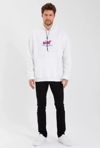 Erkek Baskılı Üç İplik Kapüşonlu Oversize Sweatshirt - Beyaz