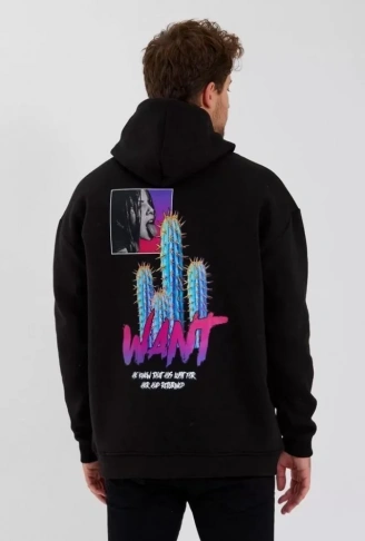 Erkek Baskılı Üç İplik Kapüşonlu Oversize Sweatshirt - Siyah