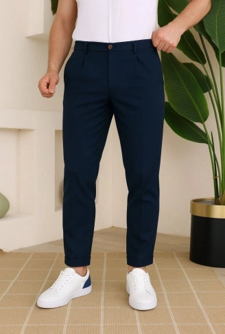 Erkek Belden Düğmeli Cepli Dokuma Pantolon