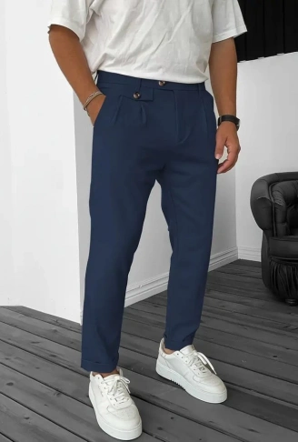 Erkek Belden Düğmeli Cepli Dokuma Pantolon