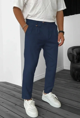 Erkek Belden Düğmeli Cepli Dokuma Pantolon