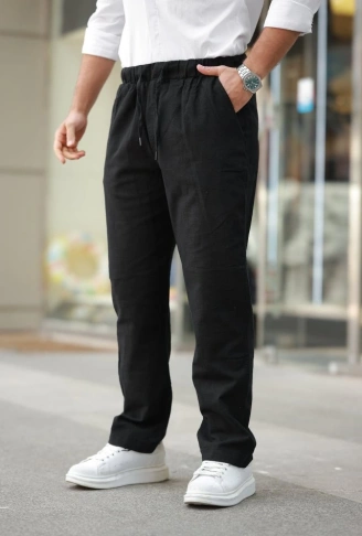 Erkek Beli Lastikli Keten Rahat Pantolon