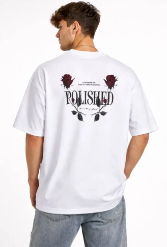 Erkek Bisiklet Yaka Baskılı Kısa Kollu Tişört Streetwear Günlük Basic Pamuklu T-shirt - Beyaz