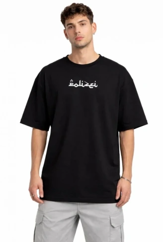 Erkek Bisiklet Yaka Baskılı Kısa Kollu Tişört Streetwear Günlük Basic Pamuklu T-shirt - Siyah