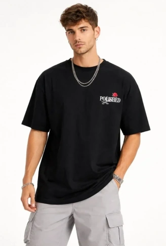 Erkek Bisiklet Yaka Baskılı  Kısa Kollu Tişört Streetwear Günlük Basic Pamuklu T-shirt - Siyah