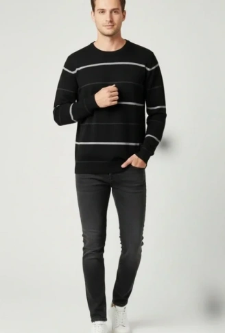 Erkek Bisiklet Yaka Cizgili Triko Kazak Yumuşak Dokulu Pamuklu Ince Dokuma, Uzun Kollu Rahat Regular Kalıp - Siyah