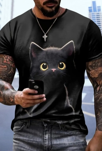 Erkek Bisiklet Yaka Kedi Baskılı Süprem T-shirt
