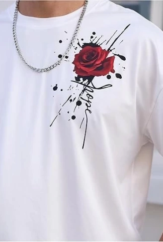 Erkek Bisiklet Yaka Kısa Kol Baskılı T-shirt - Beyaz