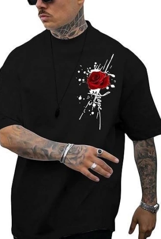 Erkek Bisiklet Yaka Kısa Kol Baskılı T-shirt - Siyah