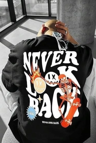 Erkek Bisiklet Yaka Kısa Kol Baskılı T-shirt - Siyah