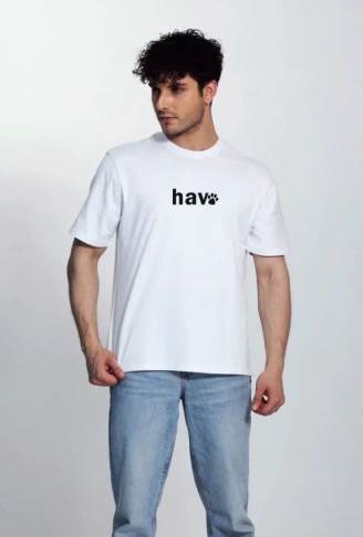 Erkek Bisiklet Yaka Kısa Kol Hav Baskılı T-shirt - Beyaz