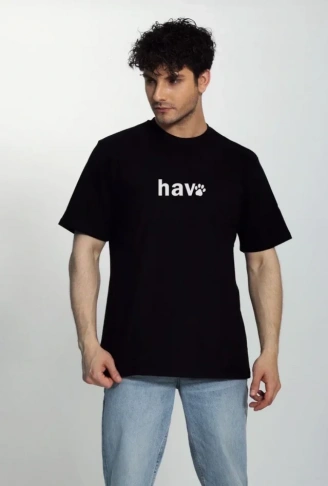 Erkek Bisiklet Yaka Kısa Kol Hav Baskılı T-shirt - Siyah