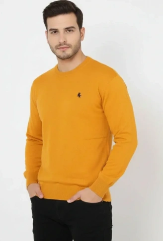 Erkek Bisiklet Yaka Nakış Işlemeli Triko Kazak Yumuşak Dokulu Pamuklu Ince Dokuma, Uzun Kollu Rahat Regular Kalıp - Turuncu