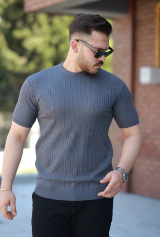 Erkek Bisiklet Yaka örgü Desenli Kısa örme Triko Kısa Kollu T-shirt