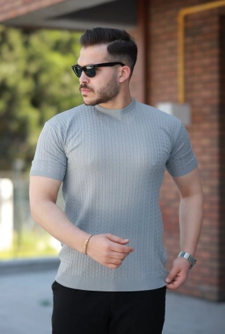 Erkek Bisiklet Yaka örgü Desenli Kısa örme Triko Kısa Kollu T-shirt