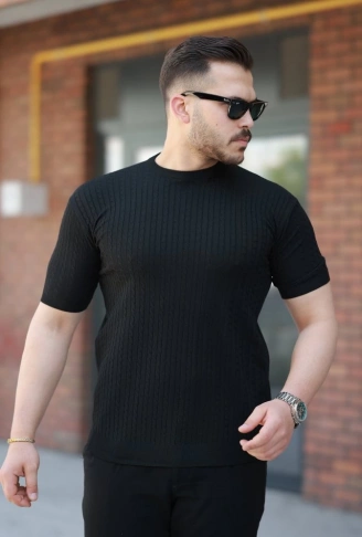 Erkek Bisiklet Yaka örgü Desenli Kısa örme Triko Kısa Kollu T-shirt