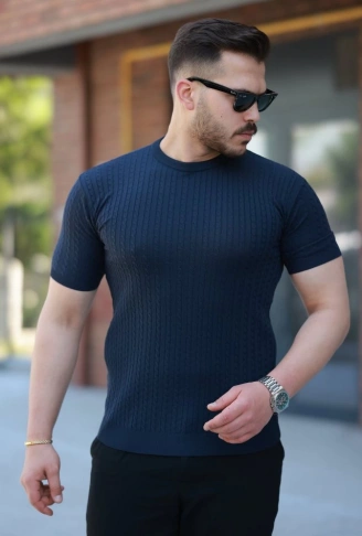 Erkek Bisiklet Yaka örgü Desenli Kısa örme Triko Kısa Kollu T-shirt