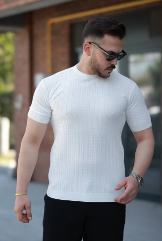 Erkek Bisiklet Yaka örgü Desenli Kısa örme Triko Kısa Kollu T-shirt