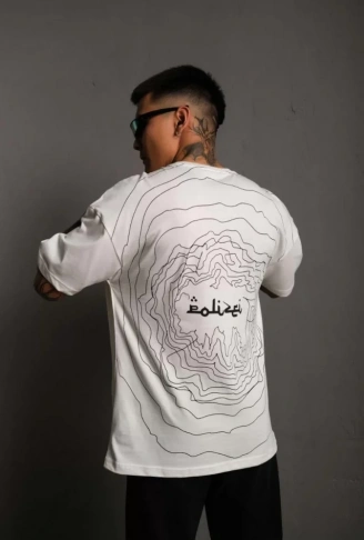 Erkek Bisiklet Yakalı Sırt Baskılı Oversize T-Shirt - Beyaz