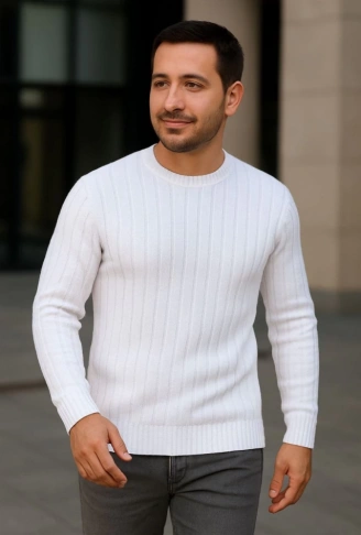 Erkek Bisiklet Yuvarlak Yaka Triko Kazak Pamuklu Kalın Fitilli Dokuma, Regular Fit Uzun Kollu Kışlık Model - Beyaz