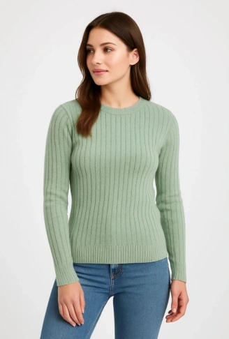 Erkek Bisiklet Yuvarlak Yaka Triko Kazak Pamuklu Kalın Fitilli Dokuma, Regular Fit Uzun Kollu Kışlık Model - Mint Yeşili