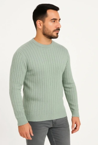 Erkek Bisiklet Yuvarlak Yaka Triko Kazak Pamuklu Kalın Fitilli Dokuma, Regular Fit Uzun Kollu Kışlık Model - Mint Yeşili