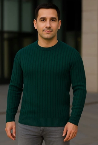 Erkek Bisiklet Yuvarlak Yaka Triko Kazak Pamuklu Kalın Fitilli Dokuma, Regular Fit Uzun Kollu Kışlık Model - Haki