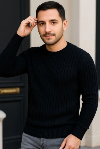 Erkek Bisiklet Yuvarlak Yaka Triko Kazak Pamuklu Kalın Fitilli Dokuma, Regular Fit Uzun Kollu Kışlık Model - Siyah