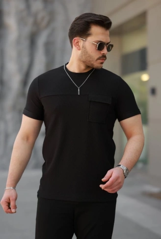 Erkek Cepli Kolyeli Kısa Kollu örme Kumaş T-shirt