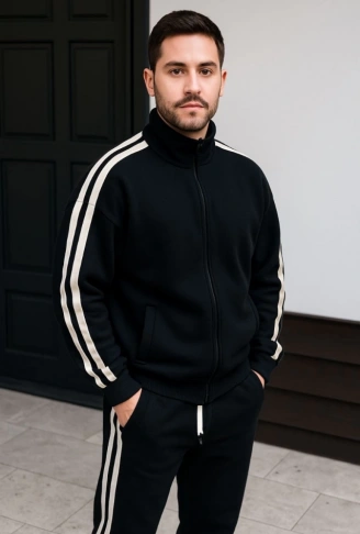 Erkek Çift Şeritli Eşofman Takım Dik Yaka Fermuarlı Sweatshirt Boru Paça Alt, Oversize 3 Iplik Pamuklu - Siyah