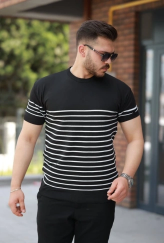 Erkek çizgi Desenli Bisiklet Yaka Kısa Kollu T-sihrt