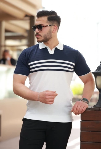 Erkek çizgi Desenli Yakalı Kısa Kollu T-shirt