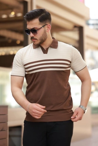 Erkek çizgi Desenli Yakalı Kısa Kollu T-shirt