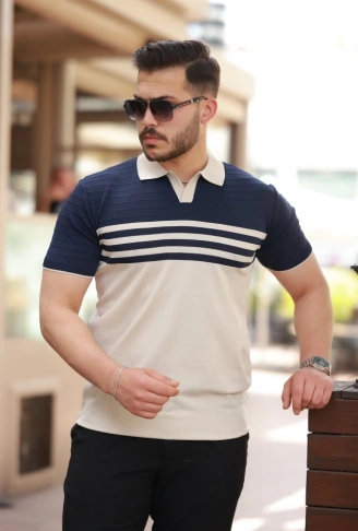 Erkek çizgi Desenli Yakalı Kısa Kollu T-shirt