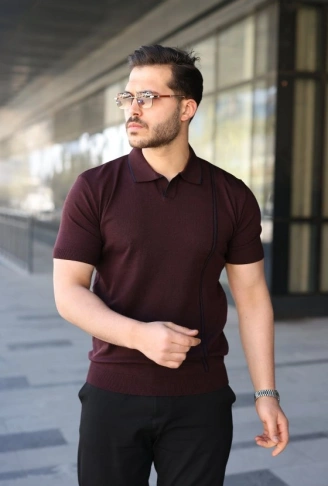 Erkek Çizgi Detaylı Yakalı Triko Tişört