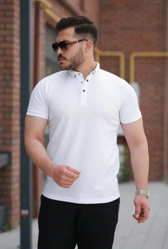 Erkek çizgi Dokulu çıtçıt Yakalı Kısa Kollu T-shirt