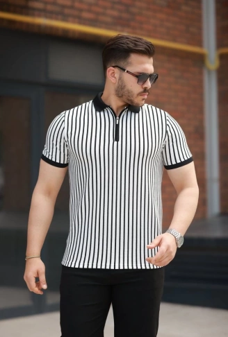 Erkek çizgili Fermuar Yakalı Kısa Kollu Tişört