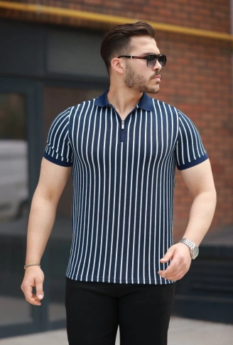 Erkek çizgili Fermuar Yakalı Kısa Kollu Tişört