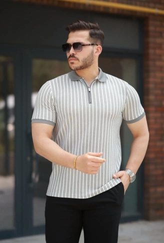 Erkek çizgili Fermuar Yakalı Kısa Kollu Tişört