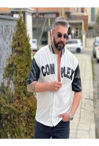 Erkek Complex Kolları Deri Kolej Oversize T-Shirt - Beyaz