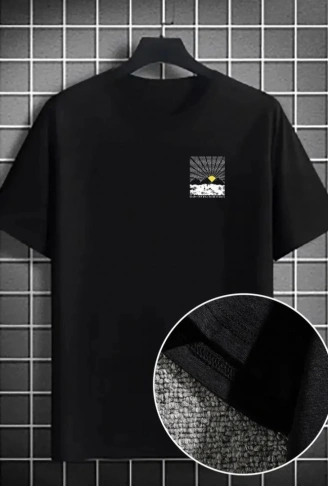 Erkek Dağ Grafikli Tişört, Yaz Için Büyük Beden Rahat T-shirt - Siyah