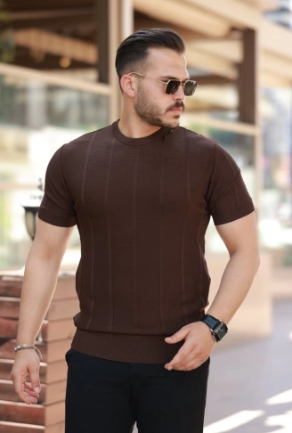 Erkek Desenli çizgi Kabartmalı Kısa Kollu Tişört