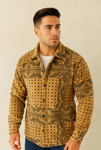 Erkek Desenli Düğmeli Polar Gömlek – Hardal Paisley Desen Yakalı, Uzun Kollu, Oversize Rahat Kalıp - Sarı