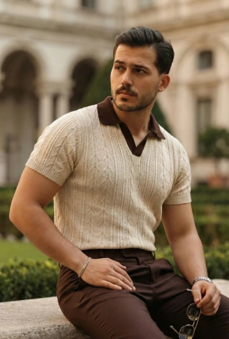 Erkek Desenli Kısa Kollu Triko Tişört - %100 Pamuk Akrilik