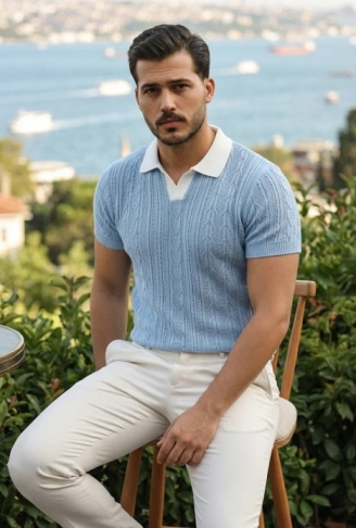 Erkek Desenli Kısa Kollu Triko Tişört - %100 Pamuk Akrilik