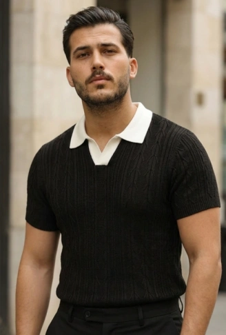 Erkek Desenli Kısa Kollu Triko Tişört - %100 Pamuk Akrilik