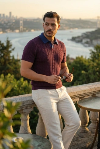 Erkek Desenli Kısa Kollu Triko Tişört - %100 Pamuk Akrilik