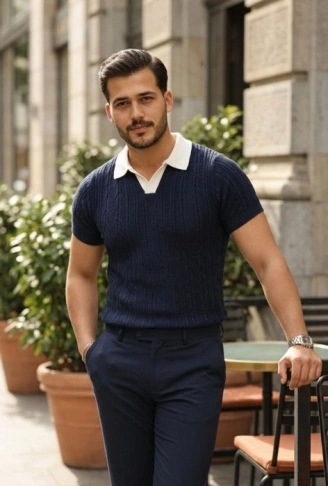 Erkek Desenli Kısa Kollu Triko Tişört - %100 Pamuk Akrilik